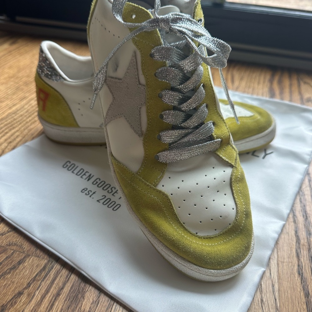 Golden Goose White and Gold Sneakers with Silver Details